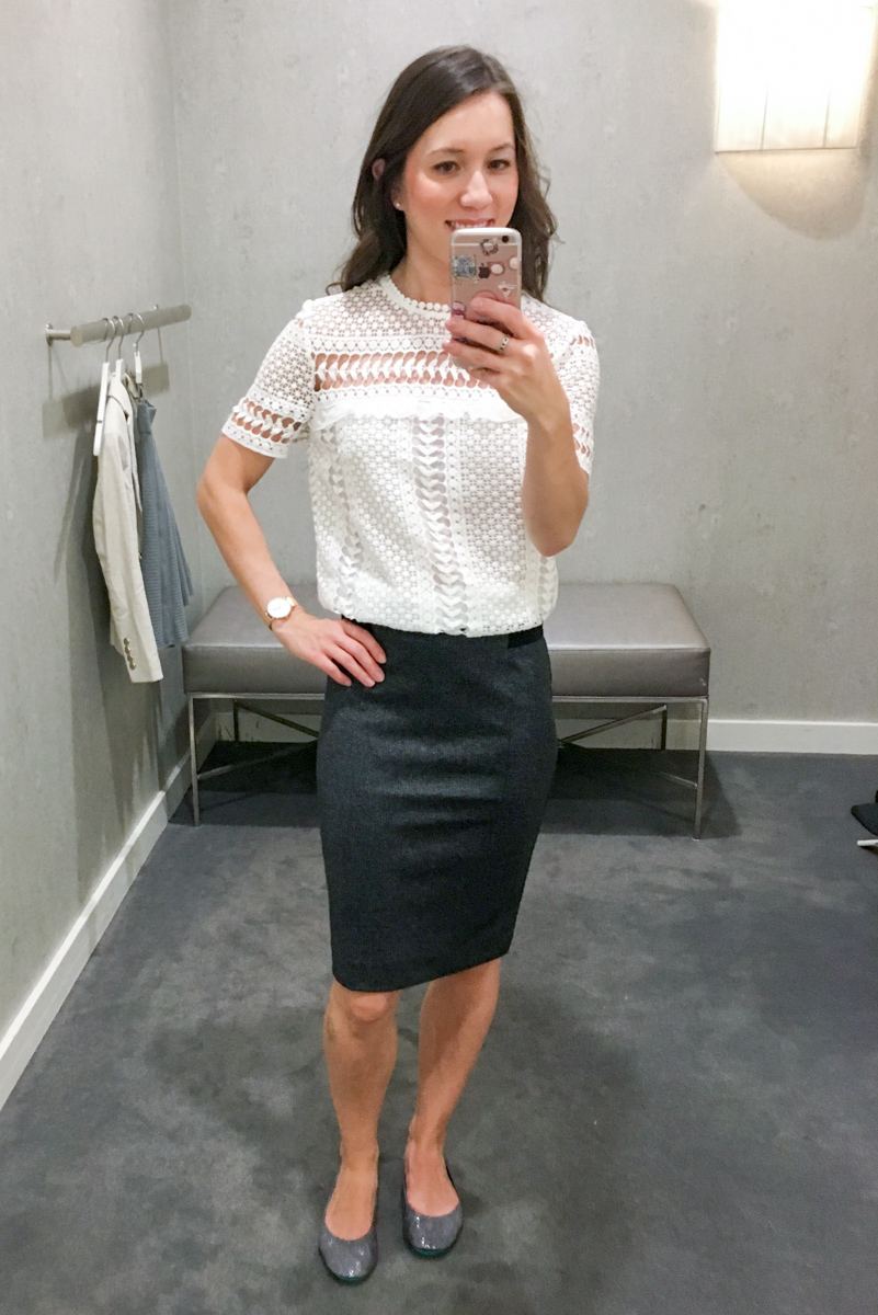 Fit Reviews & Weekend Sales | Ann Taylor, LOFT, WHBM, J. Crew | White House Black Market Leather Flounce Jacket | Ann Taylor LUXE collection leggings, sheath dress, J. Crew mock-neck lace top| Petite fashion and style blog