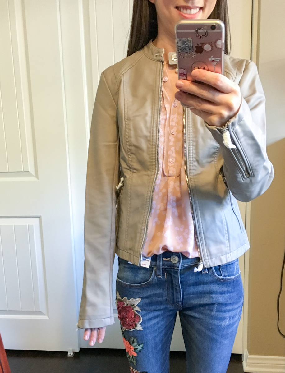 Petite Style Script Instagram Outfits #2 | Weekend Sales | Best petite fashion and style blog | FIGS Scrubs Underscrub tee | Cadiz Seamless top | LOFT green blouse | Talbots reversible belt | Aquatalia boots | Express minus the leather jacket petite embroidered jeans