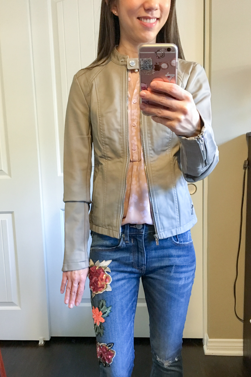 Petite Style Script Instagram Outfits #2 | Weekend Sales | Best petite fashion and style blog | FIGS Scrubs Underscrub tee | Cadiz Seamless top | LOFT green blouse | Talbots reversible belt | Aquatalia boots | Express minus the leather jacket petite embroidered jeans