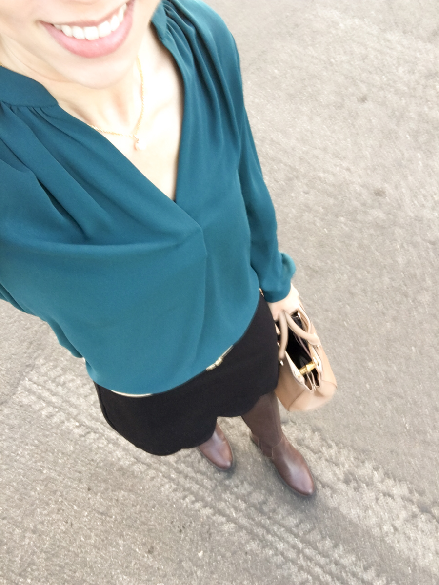 Petite Style Script Instagram Outfits #2 | Weekend Sales | Best petite fashion and style blog | FIGS Scrubs Underscrub tee | Cadiz Seamless top | LOFT green blouse | Talbots reversible belt | Aquatalia boots | Burberry whitworth green jacket | Striped tee