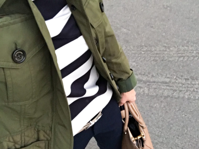 Petite Style Script Instagram Outfits #2 | Weekend Sales | Best petite fashion and style blog | FIGS Scrubs Underscrub tee | Cadiz Seamless top | LOFT green blouse | Talbots reversible belt | Aquatalia boots | Burberry whitworth green jacket | Striped tee