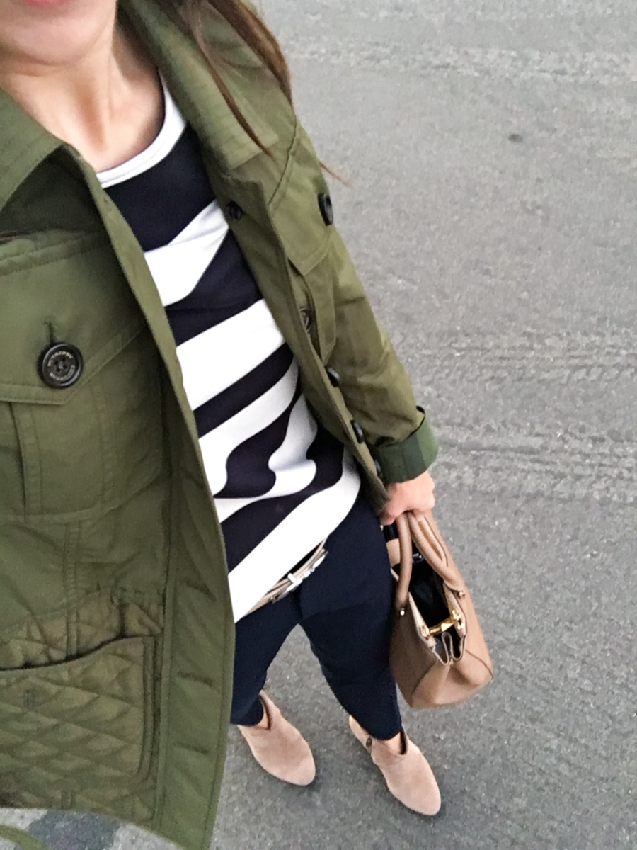 Petite Style Script Instagram Outfits #2 | Weekend Sales | Best petite fashion and style blog | FIGS Scrubs Underscrub tee | Cadiz Seamless top | LOFT green blouse | Talbots reversible belt | Aquatalia boots | Burberry whitworth green jacket | Striped tee