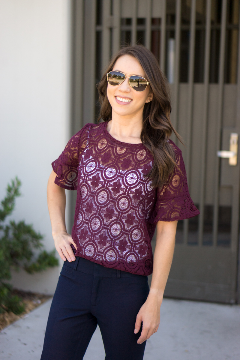 LOFT ruffle sleeve burgundy lace top, petite fashion style blog, LOFT camisole, weekend sales, banana republic sloan pants