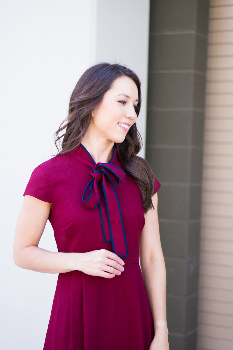 How to style a bow dress | J. Crew tie-neck Italian wool crepe dress review | Petite fashion and style blog | Burgundy dress | Navy dress | Salvatore Ferragamo Carla bow heels reviews