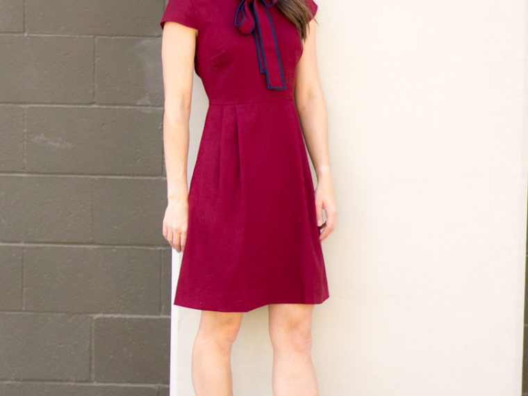 How to style a bow dress | J. Crew tie-neck Italian wool crepe dress review | Petite fashion and style blog | Burgundy dress | Navy dress | Salvatore Ferragamo Carla bow heels reviews