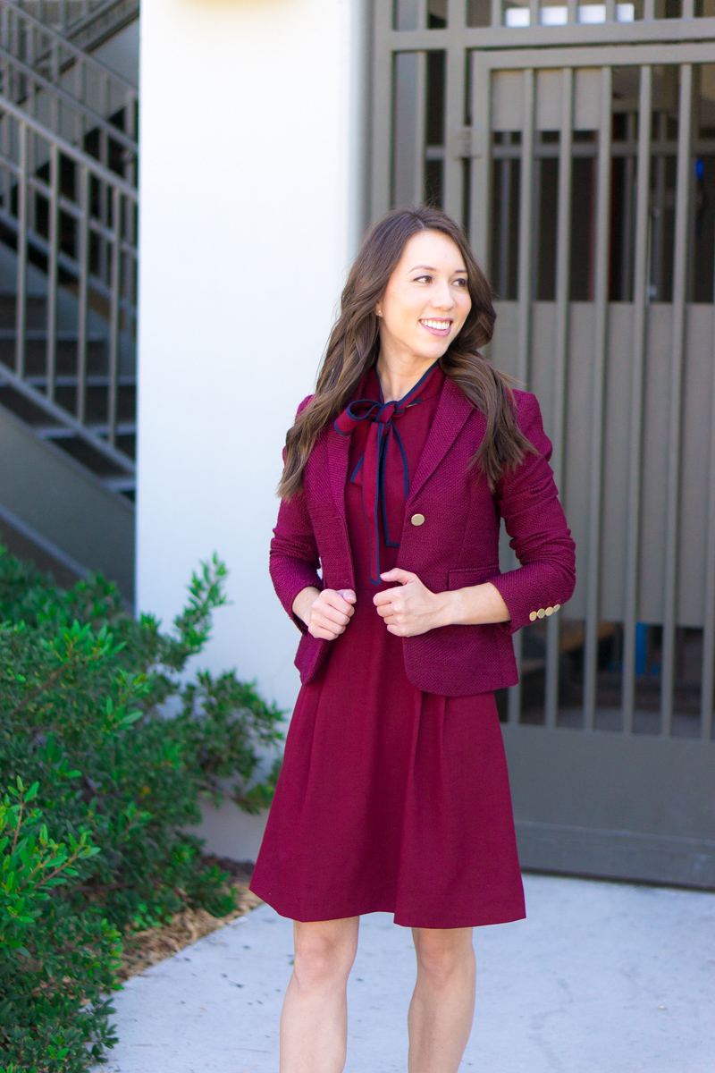 How to style a bow dress | J. Crew tie-neck Italian wool crepe dress review | Petite fashion and style blog | Burgundy dress | Navy dress | Salvatore Ferragamo Carla bow heels reviews