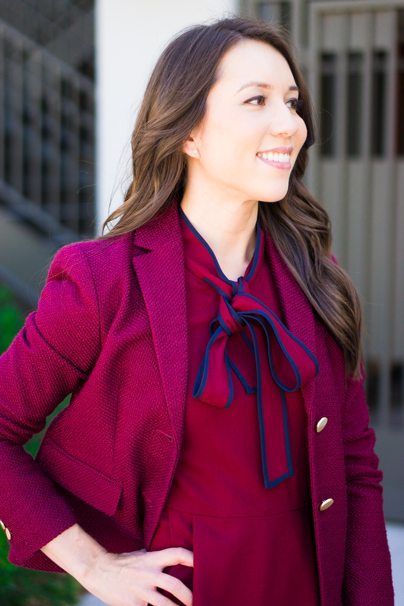 How to style a bow dress | J. Crew tie-neck Italian wool crepe dress review | Petite fashion and style blog | Burgundy dress | Navy dress | Salvatore Ferragamo Carla bow heels reviews