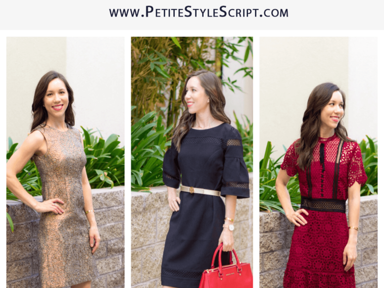 How to dress for holiday parties | Easy holiday dress looks | Holiday party outfit inspiration | Women's dresses | Petite fashion and style blog | Talbots sheath dress | Ann Taylor gold shimmer dress | Bloomingdale's Aqua Lace Dot Dress | Red bow heels | Ferragamo black bow heels