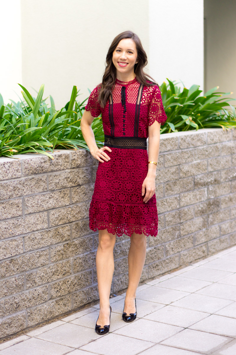 How to dress for holiday parties | Easy holiday dress looks | Holiday party outfit inspiration | Women's dresses | Petite fashion and style blog | Talbots sheath dress | Ann Taylor gold shimmer dress | Bloomingdale's Aqua Lace Dot Dress | Red bow heels | Ferragamo black bow heels