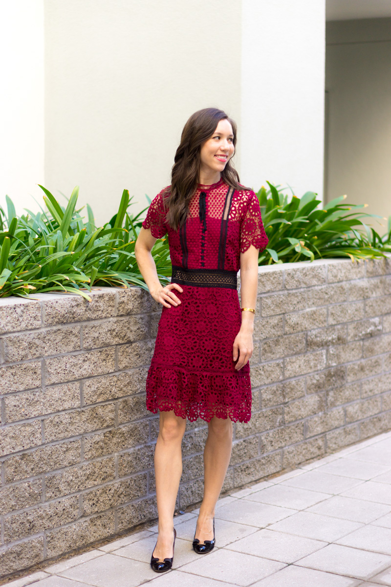 How to dress for holiday parties | Easy holiday dress looks | Holiday party outfit inspiration | Women's dresses | Petite fashion and style blog | Talbots sheath dress | Ann Taylor gold shimmer dress | Bloomingdale's Aqua Lace Dot Dress | Red bow heels | Ferragamo black bow heels