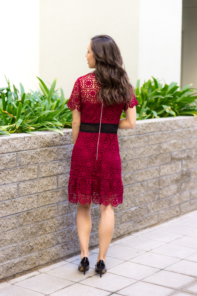 How to dress for holiday parties | Easy holiday dress looks | Holiday party outfit inspiration | Women's dresses | Petite fashion and style blog | Talbots sheath dress | Ann Taylor gold shimmer dress | Bloomingdale's Aqua Lace Dot Dress | Red bow heels | Ferragamo black bow heels