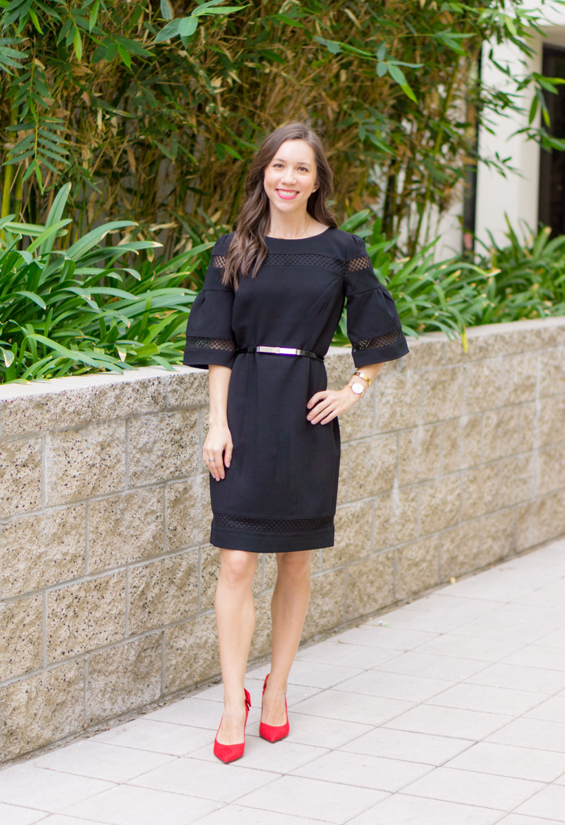 3 Ways to Style a Sheath Dress | Talbots RSVP Occasion Review | Talbots Erica Back Bow Heels | Red Bow Pumps | Flounce Sleeve Crepe Sheath Dress | Holiday party outfit ideas | Christmas New Year's Eve | Tory Burch gold belt | Pearl statement necklace