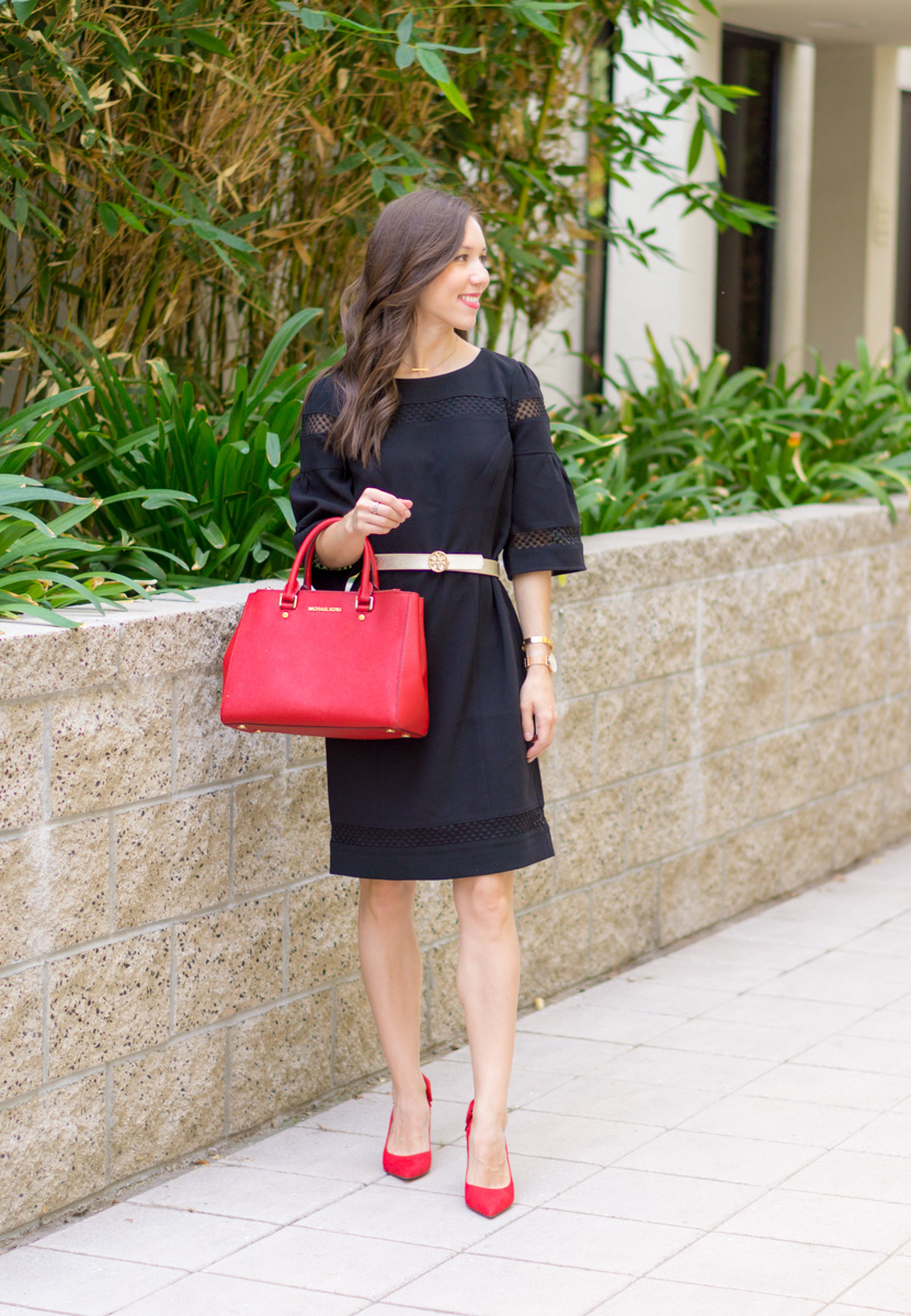 3 Ways to Style a Sheath Dress | Talbots RSVP Occasion Review | Talbots Erica Back Bow Heels | Red Bow Pumps | Flounce Sleeve Crepe Sheath Dress | Holiday party outfit ideas | Christmas New Year's Eve | Tory Burch gold belt | Pearl statement necklace