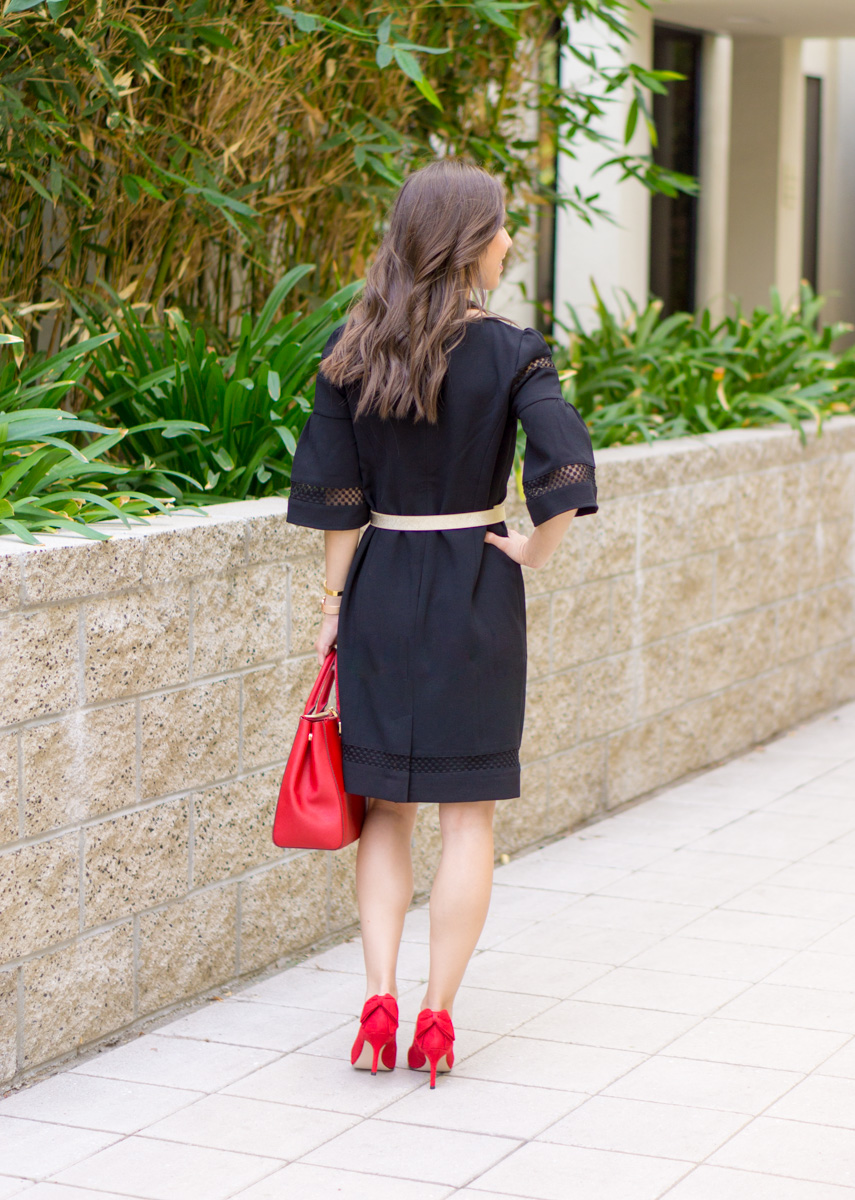 3 Ways to Style a Sheath Dress | Talbots RSVP Occasion Review | Talbots Erica Back Bow Heels | Red Bow Pumps | Flounce Sleeve Crepe Sheath Dress | Holiday party outfit ideas | Christmas New Year's Eve | Tory Burch gold belt | Pearl statement necklace