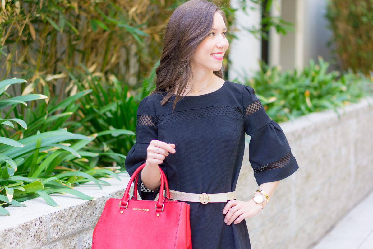 3 Ways to Style a Sheath Dress | Talbots RSVP Occasion Review | Talbots Erica Back Bow Heels | Red Bow Pumps | Flounce Sleeve Crepe Sheath Dress | Holiday party outfit ideas | Christmas New Year's Eve | Tory Burch gold belt | Pearl statement necklace