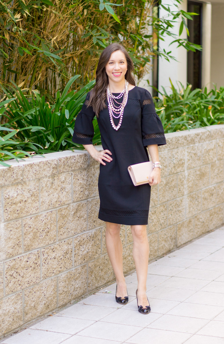 3 Ways to Style a Sheath Dress | Talbots RSVP Occasion Review | Talbots Erica Back Bow Heels | Red Bow Pumps | Flounce Sleeve Crepe Sheath Dress | Holiday party outfit ideas | Christmas New Year's Eve | Tory Burch gold belt | Pearl statement necklace