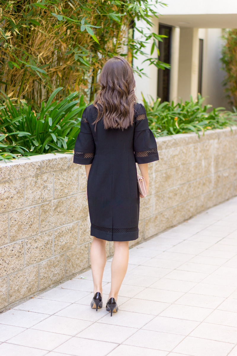 3 Ways to Style a Sheath Dress | Talbots RSVP Occasion Review | Talbots Erica Back Bow Heels | Red Bow Pumps | Flounce Sleeve Crepe Sheath Dress | Holiday party outfit ideas | Christmas New Year's Eve | Tory Burch gold belt | Pearl statement necklace