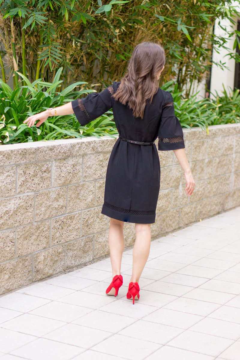 3 Ways to Style a Sheath Dress | Talbots RSVP Occasion Review | Talbots Erica Back Bow Heels | Red Bow Pumps | Flounce Sleeve Crepe Sheath Dress | Holiday party outfit ideas | Christmas New Year's Eve | Tory Burch gold belt | Pearl statement necklace