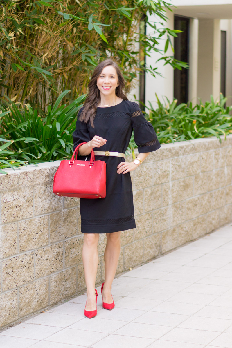 3 Ways to Style a Sheath Dress | Talbots RSVP Occasion Review | Talbots Erica Back Bow Heels | Red Bow Pumps | Flounce Sleeve Crepe Sheath Dress | Holiday party outfit ideas | Christmas New Year's Eve | Tory Burch gold belt | Pearl statement necklace