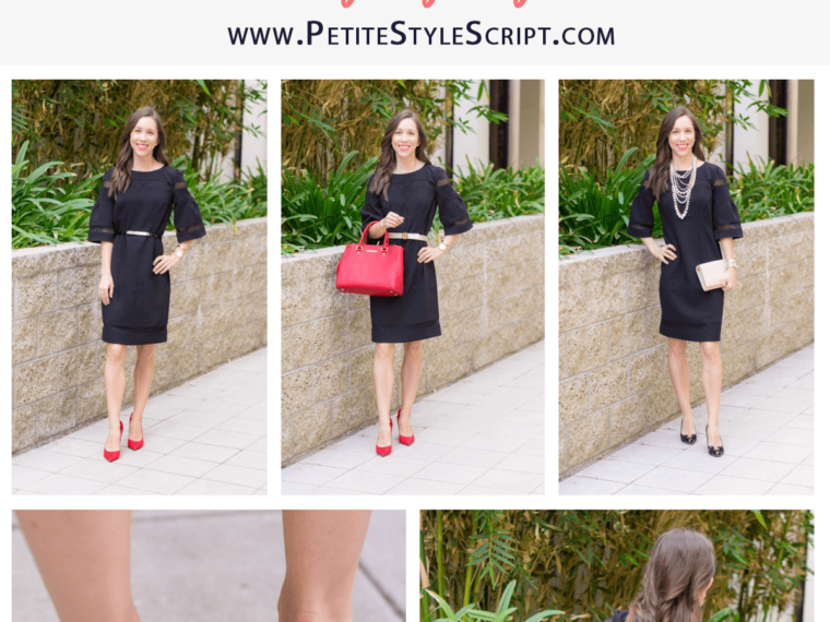 3 Ways to Style a Sheath Dress | Talbots RSVP Occasion Review | Talbots Erica Back Bow Heels | Red Bow Pumps | Flounce Sleeve Crepe Sheath Dress | Holiday party outfit ideas | Christmas New Year's Eve | Tory Burch gold belt | Pearl statement necklace