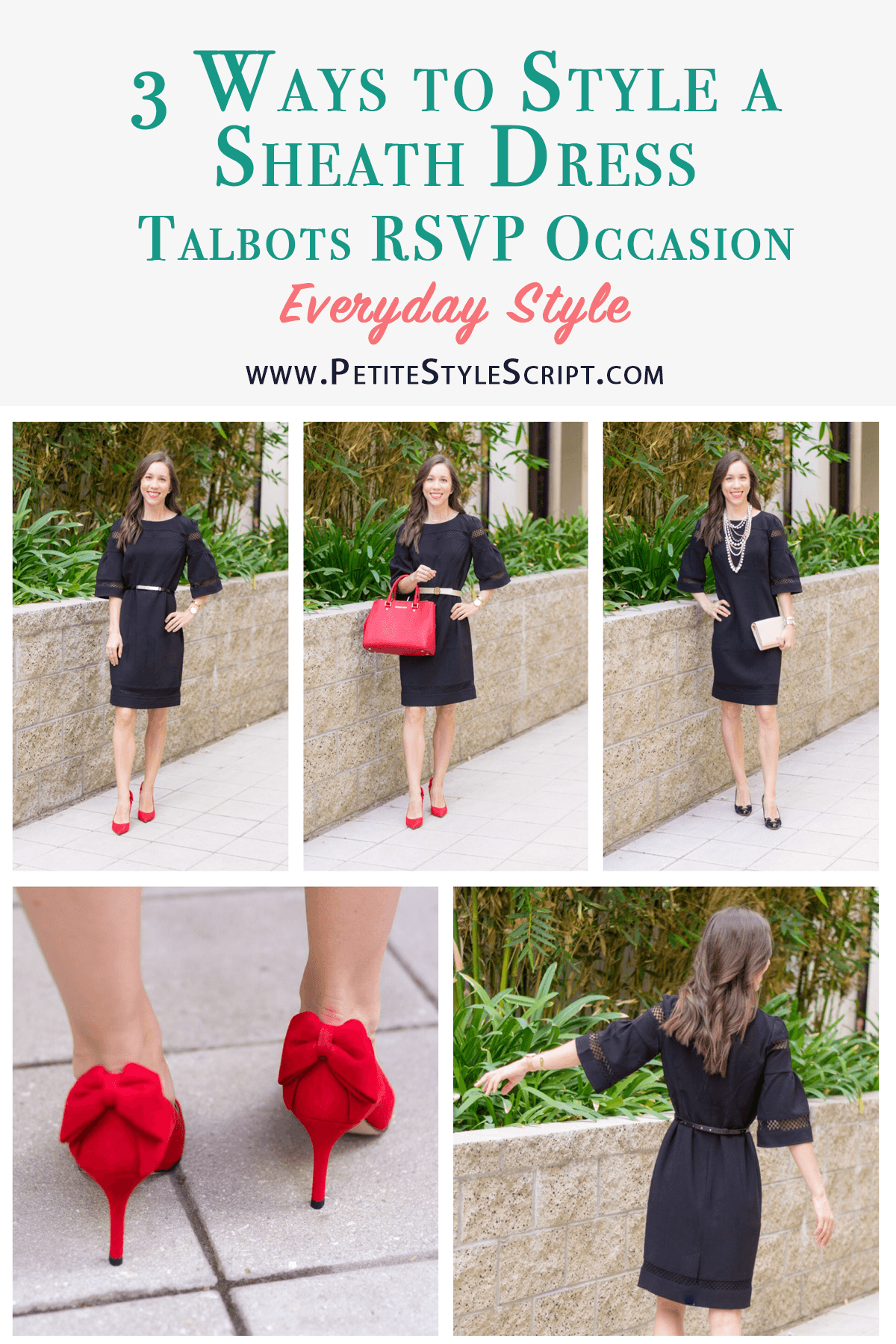 3 Ways to Style a Sheath Dress | Talbots RSVP Occasion Review | Talbots Erica Back Bow Heels | Red Bow Pumps | Flounce Sleeve Crepe Sheath Dress | Holiday party outfit ideas | Christmas New Year's Eve | Tory Burch gold belt | Pearl statement necklace