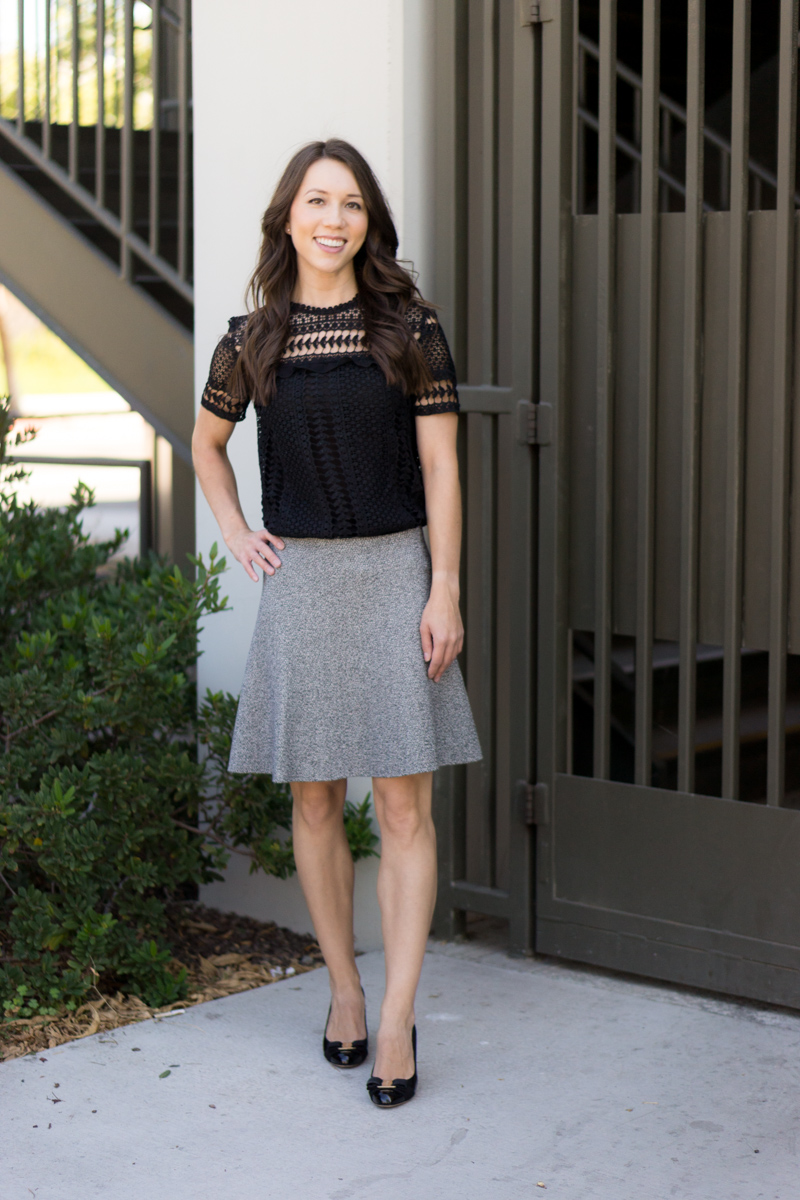 Outfit Inspiration with 4 easy Thanksgiving outfit ideas for women. Petite fashion and style blog. Casual Thanksgiving, Dressed up Thanksgiving dinner. Wrap dress, Sweater flare skirt, Bloomingdale's Aqua Lace Top, Paige colored denim, FIGS Rafaela Mandarin-Collar Top Review.