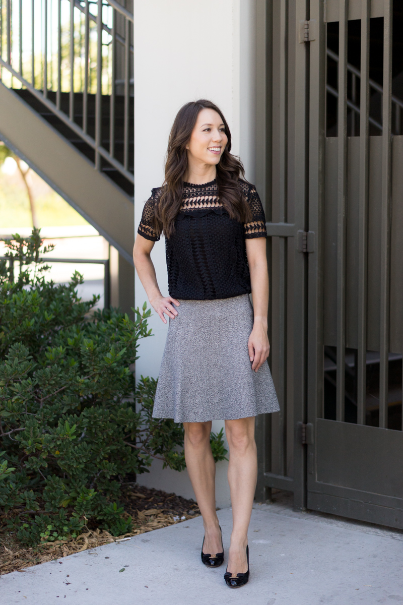 Outfit Inspiration with 4 easy Thanksgiving outfit ideas for women. Petite fashion and style blog. Casual Thanksgiving, Dressed up Thanksgiving dinner. Wrap dress, Sweater flare skirt, Bloomingdale's Aqua Lace Top, Paige colored denim, FIGS Rafaela Mandarin-Collar Top Theory Skirt