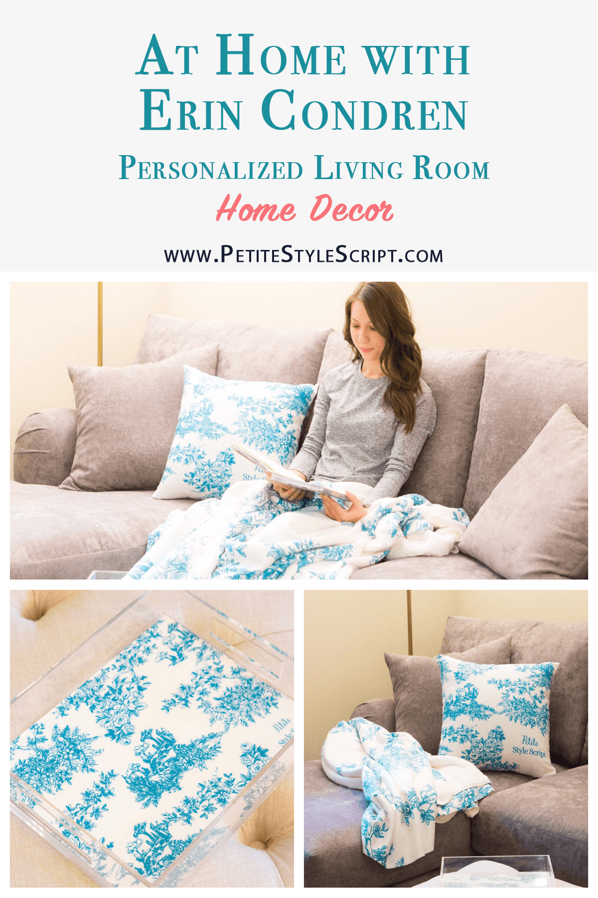 Erin Condren Home Décor Review | Sherpa throw review | Throw accent pillow | Toile y’all design print | Acrylic tray and insert | Teal green and gray living room décor and color scheme | Best throw blanket | Best trays for living room ottoman and bar cart | peacock green