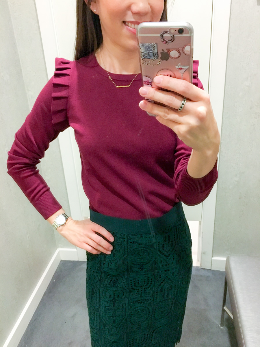Ann Taylor LOFT Fit Reviews | New Arrivals review | Flounce sleeve sweater teal green review | Scuba leggings | Bow tie sweater | Flare Sweater Skirt | Sheath dress | Tweed jacket blazer | Work outfit inspiration | Casual fall outfits | Petite fashion and style blog