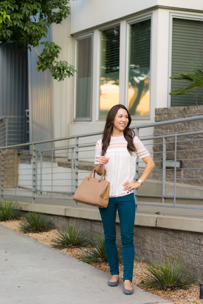 Outfit Inspiration with 4 easy Thanksgiving outfit ideas for women. Petite fashion and style blog. Casual Thanksgiving, Dressed up Thanksgiving dinner. Wrap dress, Sweater flare skirt, Bloomingdale's Aqua Lace Top, Paige colored denim, FIGS Rafaela Mandarin-Collar Top Review.