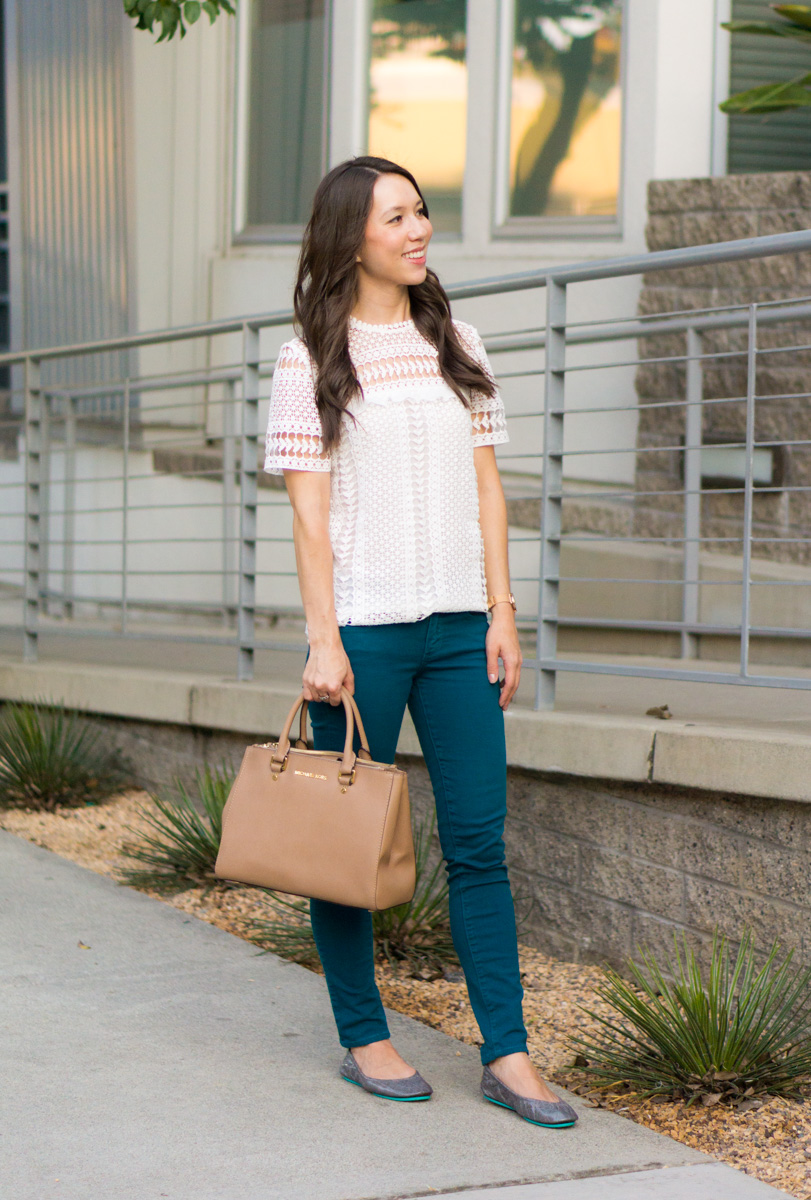 Outfit Inspiration with 4 easy Thanksgiving outfit ideas for women. Petite fashion and style blog. Casual Thanksgiving, Dressed up Thanksgiving dinner. Wrap dress, Sweater flare skirt, Bloomingdale's Aqua Lace Top, Paige colored denim, FIGS Rafaela Mandarin-Collar Top Review.