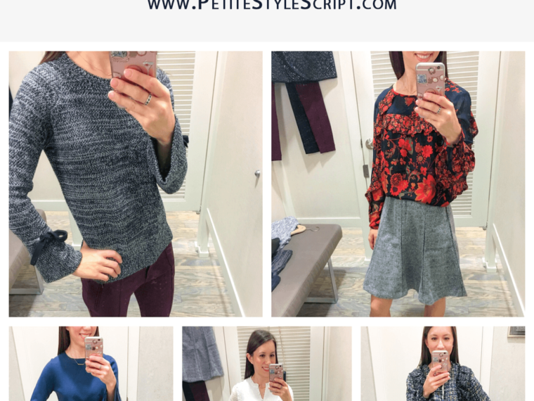 Ann Taylor LOFT Fit Reviews | New Arrivals review | Flounce sleeve sweater teal green review | Scuba leggings | Bow tie sweater | Flare Sweater Skirt | Sheath dress | Tweed jacket blazer | Work outfit inspiration | Casual fall outfits | Petite fashion and style blog