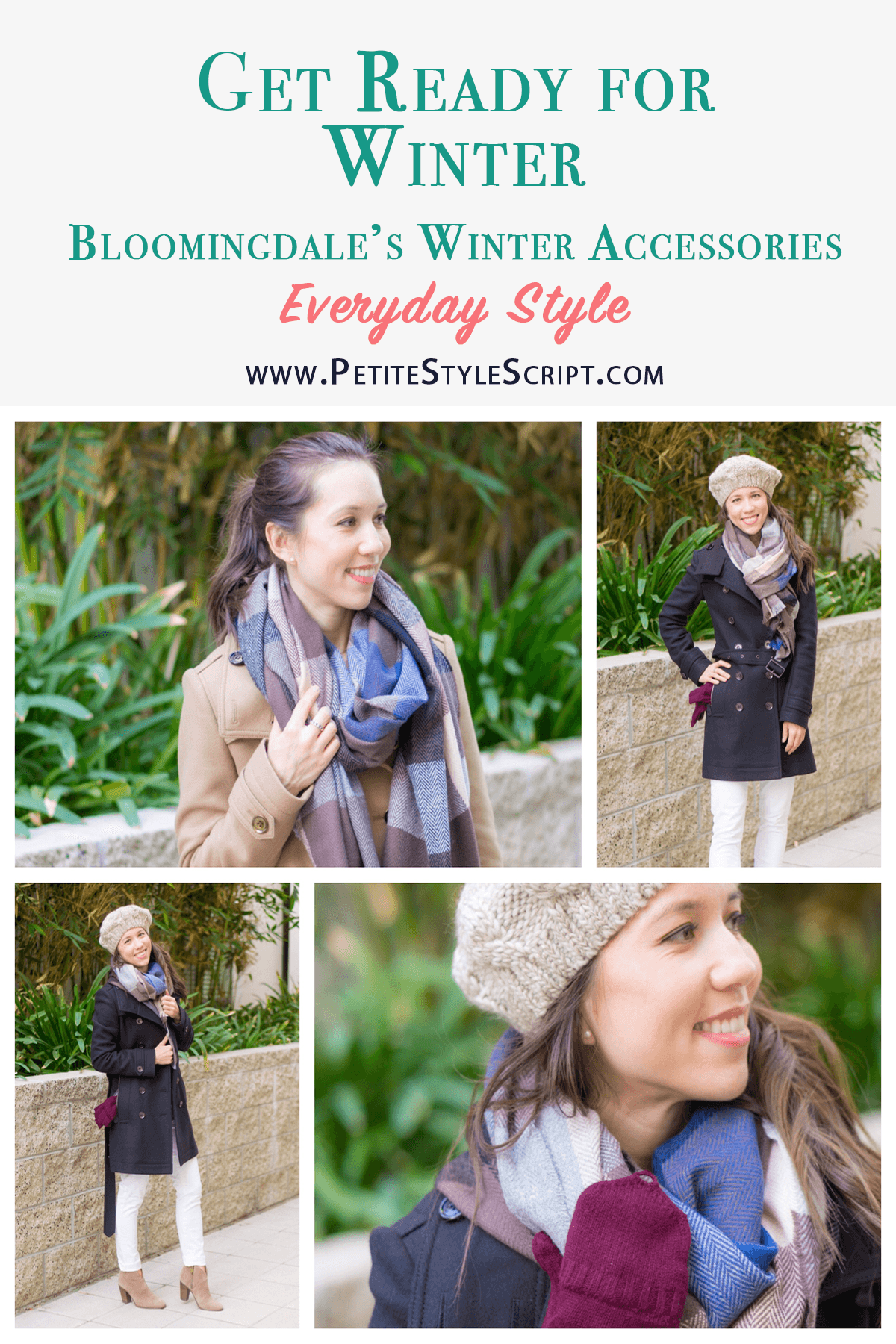 Bloomingale's Winter Accessories Review | Aqua brand | C by Bloomingdale's brand | Cashmere gloves | Colorblock blanket scarf | Tech-friendly gloves mittens | Chunky braided beret | Burberry Daylesmoore Gibbsmoore Wool Coat Review | Vince Camuto Franell Booties | Paige White Denim Jeans | Best Petite Fashion Style Blog