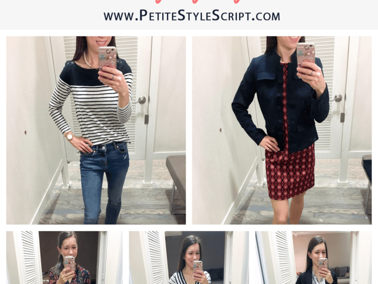 Petite Style Script Instagram Outfits #3 | Weekend Sales | LOFT Fit Reviews | Best petite fashion and style blog | BCBG Wrap Dress | Ann Taylor tweed moto jacket | Theory flare skirt | Express portfolio blouse | Talbots reversible belt | LOFT military jacket shift dress | Banana Republic peplum jacket