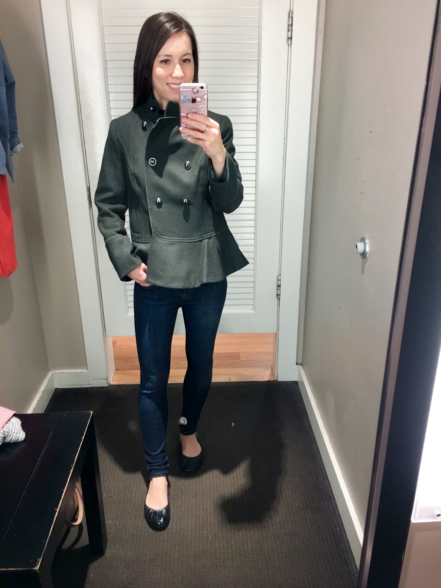 Petite Style Script Instagram Outfits #3 | Weekend Sales | LOFT Fit Reviews | Best petite fashion and style blog | BCBG Wrap Dress | Ann Taylor tweed moto jacket | Theory flare skirt | Express portfolio blouse | Talbots reversible belt | LOFT military jacket shift dress | Banana Republic peplum jacket