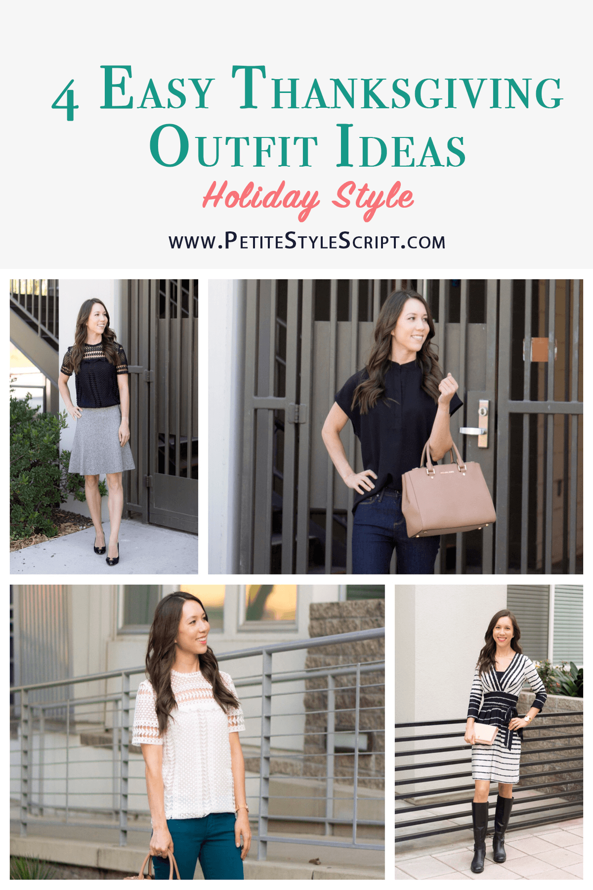 Outfit Inspiration with 4 easy Thanksgiving outfit ideas for women. Petite fashion and style blog. Casual Thanksgiving, Dressed up Thanksgiving dinner. Wrap dress, Sweater flare skirt, Bloomingdale's Aqua Lace Top, Paige colored denim, FIGS Rafaela Mandarin-Collar Top Review.