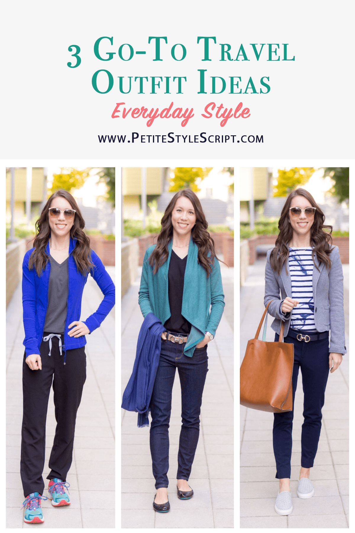 3 go-to travel outfits | What to wear on a plane | Comfy travel outfit ideas for women | Petite fashion style blog | holiday travel plans & guide | M. Gemi Cerchio sneakers review | Nordstrom street level Reversible tote | FIGS Jogger pants | underscrub tee | Bobeau wrap cardigan | dark wash jeans | striped tee | sweater blazer