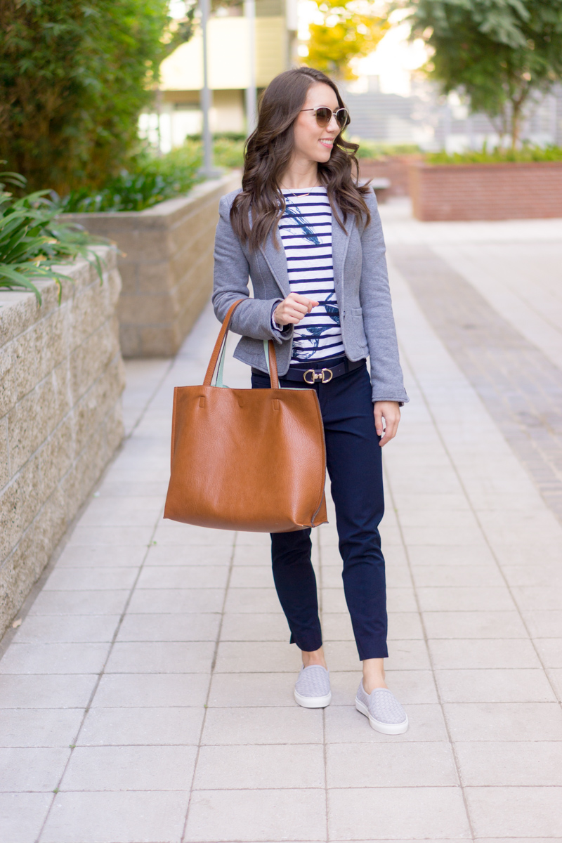 Learn three ways to style gray and navy together with these outfit ideas and capsule wardrobe inspiration. Plus, petite-friendly fit advice, how to wear navy and gray together. Petite fashion and style blog by Dr. Jessica Louie, Certified KonMari Consultant Los Angeles.