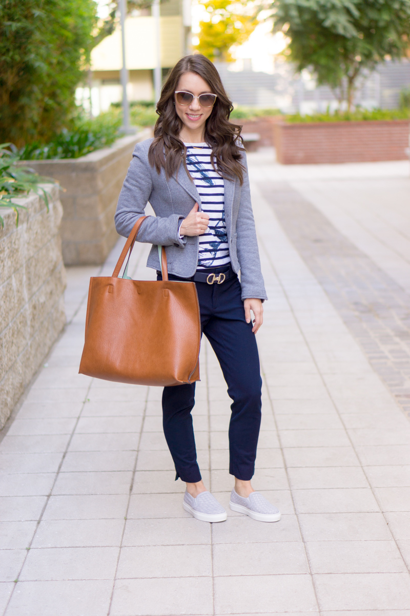 Learn three ways to style gray and navy together with these outfit ideas and capsule wardrobe inspiration. Plus, petite-friendly fit advice, how to wear navy and gray together. Petite fashion and style blog by Dr. Jessica Louie, Certified KonMari Consultant Los Angeles. 