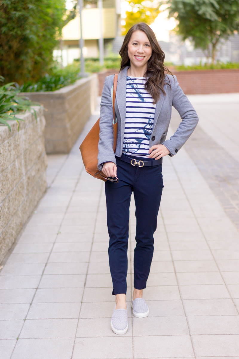 Learn three ways to style gray and navy together with these outfit ideas and capsule wardrobe inspiration. Plus, petite-friendly fit advice, how to wear navy and gray together. Petite fashion and style blog by Dr. Jessica Louie, Certified KonMari Consultant Los Angeles. 