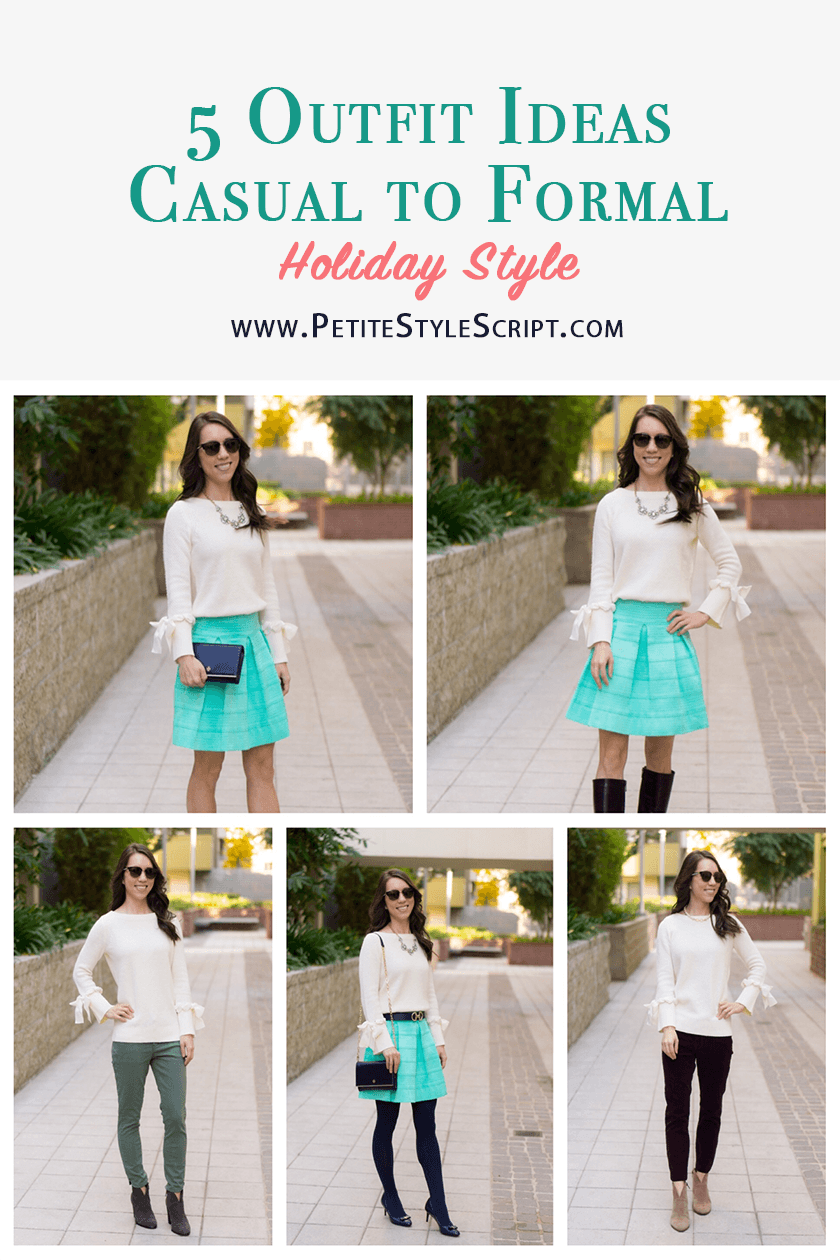 Holiday Outfit Ideas | 5 outfit ideas casual to formal holiday celebrations | Christmas Day outfit | Mint green flare skirt | Talbots tie-cuff boatneck sweater bow sweater review | Talbots Hermes horsebit belt | opaque tights | Anthropologie green jeans | LOFT burgundy corduroy pants | petite fashion and style blog