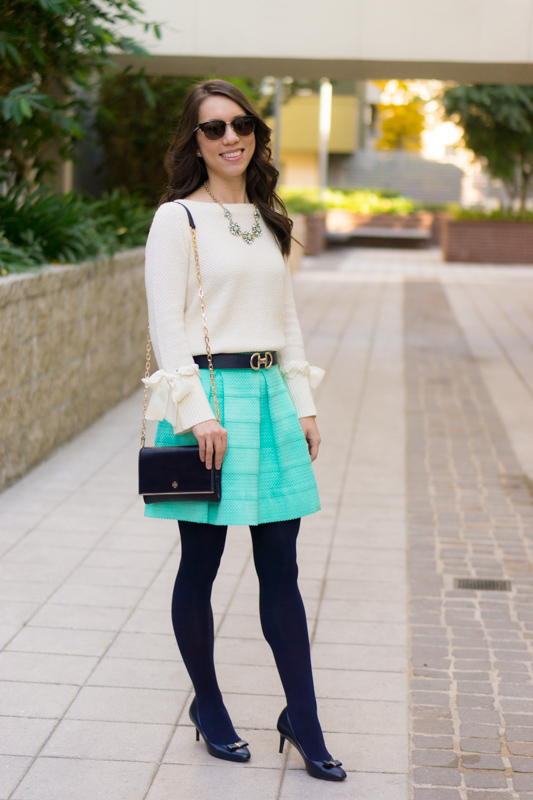 Holiday Outfit Ideas | 5 outfit ideas casual to formal holiday celebrations | Christmas Day outfit | Mint green flare skirt | Talbots tie-cuff boatneck sweater bow sweater review | Talbots Hermes horsebit belt | opaque tights | Anthropologie green jeans | LOFT burgundy corduroy pants | petite fashion and style blog