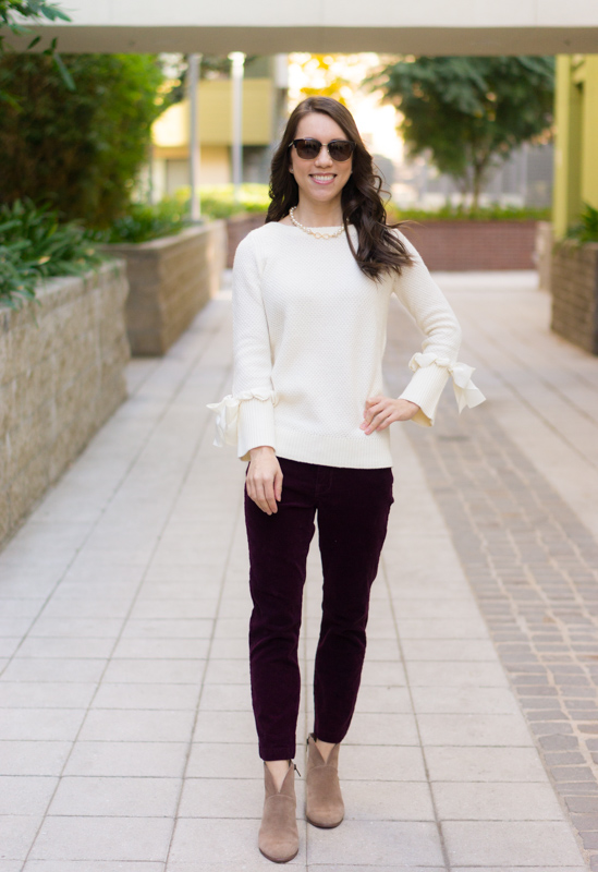 Holiday Outfit Ideas | 5 outfit ideas casual to formal holiday celebrations | Christmas Day outfit | Mint green flare skirt | Talbots tie-cuff boatneck sweater bow sweater review | Talbots Hermes horsebit belt | opaque tights | Anthropologie green jeans | LOFT burgundy corduroy pants | petite fashion and style blog