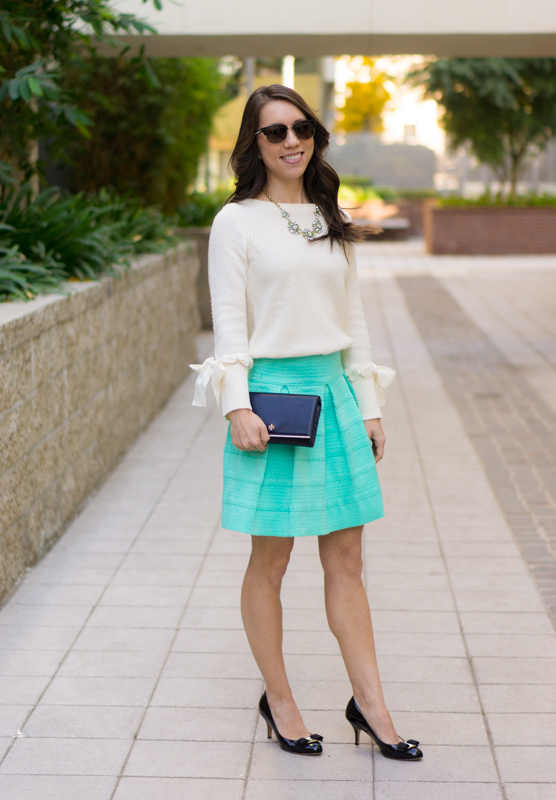 Holiday Outfit Ideas | 5 outfit ideas casual to formal holiday celebrations | Christmas Day outfit | Mint green flare skirt | Talbots tie-cuff boatneck sweater bow sweater review | Talbots Hermes horsebit belt | opaque tights | Anthropologie green jeans | LOFT burgundy corduroy pants | petite fashion and style blog