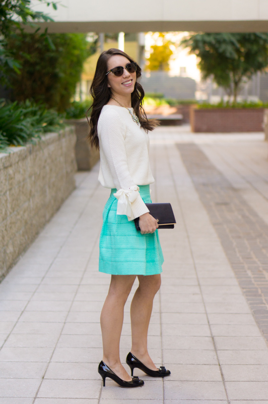 Holiday Outfit Ideas | 5 outfit ideas casual to formal holiday celebrations | Christmas Day outfit | Mint green flare skirt | Talbots tie-cuff boatneck sweater bow sweater review | Talbots Hermes horsebit belt | opaque tights | Anthropologie green jeans | LOFT burgundy corduroy pants | petite fashion and style blog