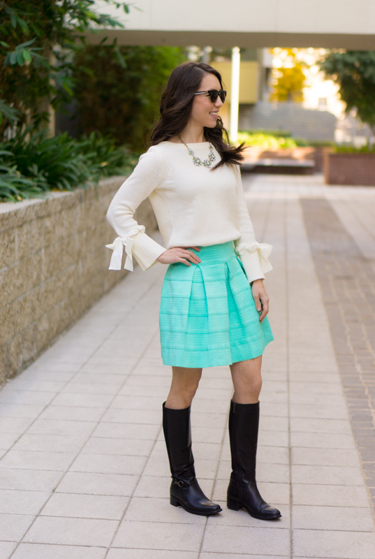 Holiday Outfit Ideas | 5 outfit ideas casual to formal holiday celebrations | Christmas Day outfit | Mint green flare skirt | Talbots tie-cuff boatneck sweater bow sweater review | Talbots Hermes horsebit belt | opaque tights | Anthropologie green jeans | LOFT burgundy corduroy pants | petite fashion and style blog