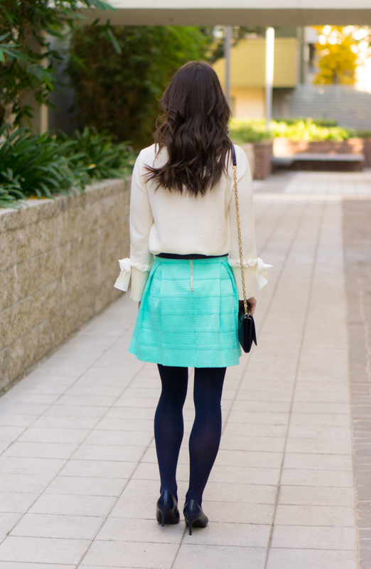 Holiday Outfit Ideas | 5 outfit ideas casual to formal holiday celebrations | Christmas Day outfit | Mint green flare skirt | Talbots tie-cuff boatneck sweater bow sweater review | Talbots Hermes horsebit belt | opaque tights | Anthropologie green jeans | LOFT burgundy corduroy pants | petite fashion and style blog