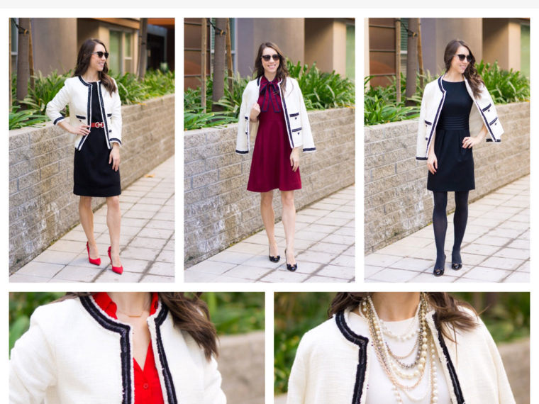 Chanel-inspired blazer | Talbots Provence Tweed Jacket |Chanel-inspired tweed jacket | Ivory blazer | Work outfit inspiration | Petite fashion and style blog | Banana Republic Sloan pants | Ferragamo bow heels | Hermes belt | Tory Burch Gold belt | Express red blouse | Sheath dress | Fleece lined opaque black tights | Pearl statement necklace
