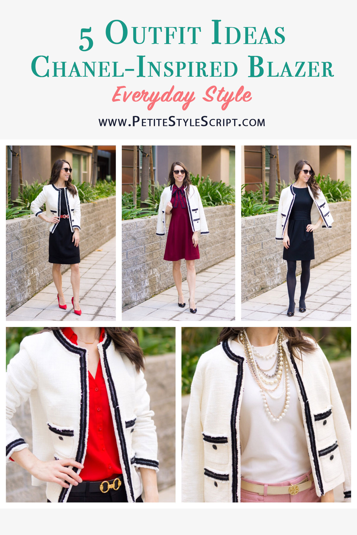 Chanel-inspired blazer | Talbots Provence Tweed Jacket |Chanel-inspired tweed jacket | Ivory blazer | Work outfit inspiration | Petite fashion and style blog | Banana Republic Sloan pants | Ferragamo bow heels | Hermes belt | Tory Burch Gold belt | Express red blouse | Sheath dress | Fleece lined opaque black tights | Pearl statement necklace