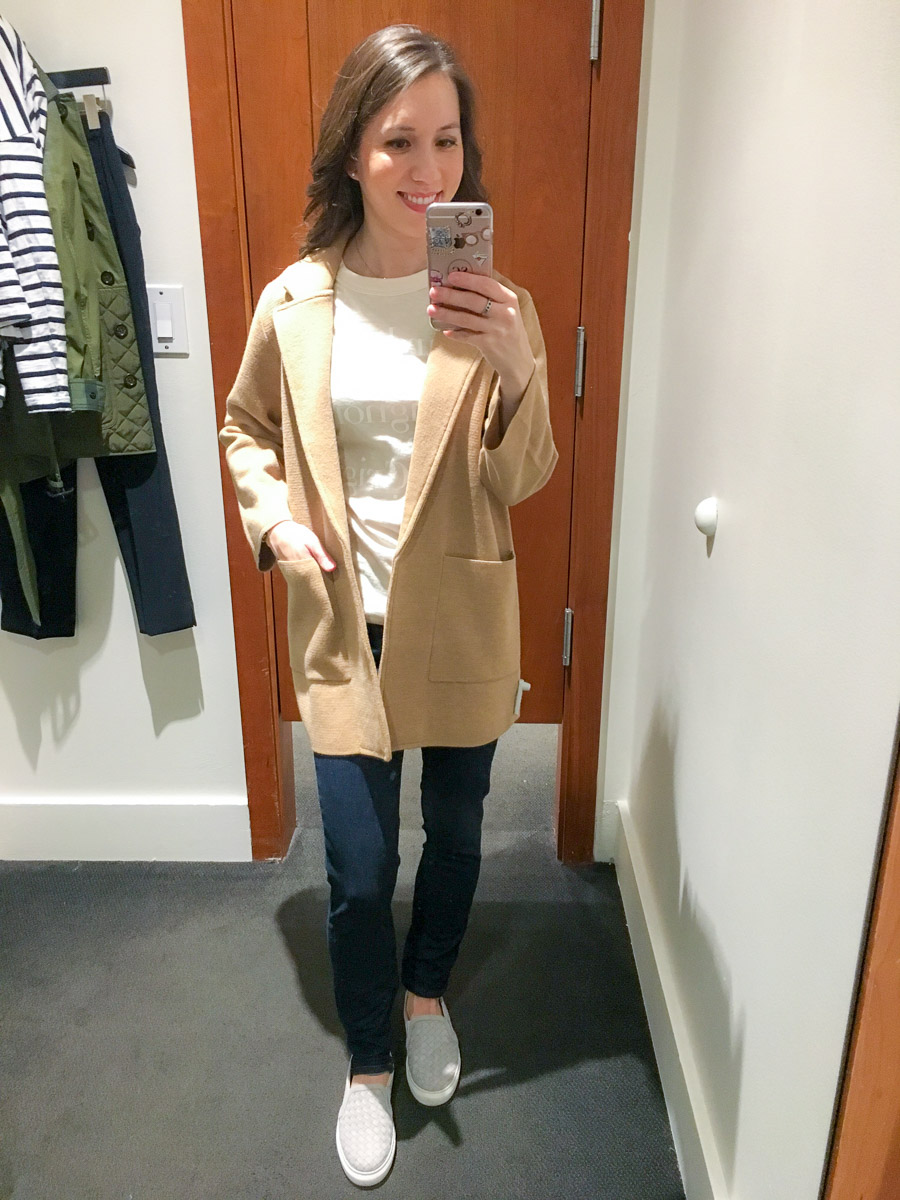 J. Crew Early Spring Collection 2018 review | Twist front sweatshirt | Amour sweatshirt | Open front sweater blazer | camel sweater blazer | burgundy ruffle sleeve dress | Easy pants Martie pants | petite fashion and style blog | cape scarf | chardonnay graphic tee